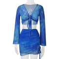 Blue tie-dye mesh two-piece set with V-neck tie-up top and ruched mini skirt - S / Blue