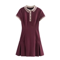 Short sleeve polo dress in burgundy with pleated hem and contrasting striped collar - XS / Burgundy