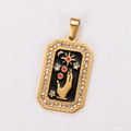 Detailed view of a gold tarot pendant with black enamel, star and moon crystal inlay - Hand Holding Sun Moon Pattern (Style 9)
