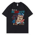 Schwarzes Baumwoll-T-Shirt mit Purrrfect 4. Juli Katzenprint und roten Feuerwerken - XS / Schwarz