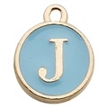 Blue enamel round charm featuring a golden metal capital letter J for DIY jewelry - Letter J / 1 Piece (12x14mm) / Lake Blue