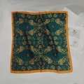 Elegant dark green square silk scarf with vintage bird and floral prints in orange and yellow - Dark Green Floral Small Square Scarf / 65