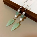 Detail of silver drop earrings with white pearls and translucent green leaf pendants - 5# Ear Hook-Green-Leaf