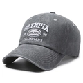 Vintage washed dark grey baseball cap with white athletic embroidery and distressed finish - Adjustable / Gray
