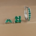 Macro shot of S925 silver earring set with emerald green crystals and petal shapes - Silver-Green (3 Pcs Set)