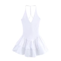 Elegant white V-neck halter dress with dual spaghetti straps and ruffled tiered hemline - S / White