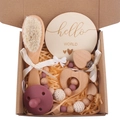 Infant gift set with heart beech wood teether and pacifier chain in pink and purple colors - Dark Mauve 5-Piece Set