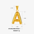 Golden stainless steel letter A puffy pendant with size and weight dimensions - Letter A - Gold