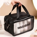 Large black double-layer PU travel wash bag with waterproof PVC window and WASHBAG print - Double Layer Large - Dry Wet Separation / Black