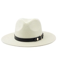 Detail of beige fedora straw hat featuring a black leather band and gold buckle accent - Milk White (Black Belt)