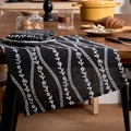 Japanese style black cotton linen table runner with white vertical floral patterns - Black Background Curved Flower