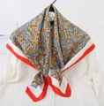 Silk square scarf with geometric H-pattern and orange contrast borders on white shirt - Red Geometric Pattern