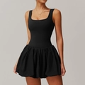 Women's black square neck sleeveless sports dress with a pleated mini flare skirt - S / Premium Black