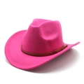 Close-up of fuchsia western cowboy felt hat with brown leather band and metal buckle - M(56-58cm) / Rose Red