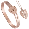 Conjunto de pulsera con candado de corazón y collar de llave en acero inoxidable rosa - Colgante de Doble Corazón / Oro rosa