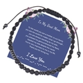 Détail du bracelet code Morse I Love You avec perles en pierre de lave sur carte cadeau - À ma maman