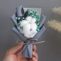 Mini dried cotton flower bouquet with blue gypsophila and decorative grey-blue wrap - Cotton Blue Green Gypsophila (Grey Wrapping)