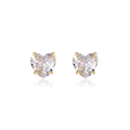 Detailed view of heart-cut cubic zirconia studs with a golden four-prong setting - Sterling Silver Backings / Gold
