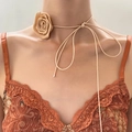 Romantic champagne satin 3D rose flower choker with adjustable thin ribbon ties - Light Coffee