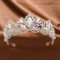Elegant silver Baroque tiara with iridescent AB rhinestones for bridal hair styling - Silver Rainbow Diamond