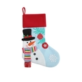 Calza di Natale blu con motivo pupazzo di neve, fiocchi bianchi e bordo rosso decorativo - Pupazzo di neve