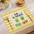 Linen placemat with pineapple print and Hello Summer text in a scenic table setting - Sunglasses Pineapple Yellow Stripes