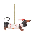 Close-up of Dachshund Christmas ornament with red sweater and festive golden string - Brown Dog-Red White Polka Dot Outfit