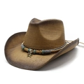 Classic western straw cowboy hat with wide brim and beaded starfish decoration - M (56-58cm) / Khaki