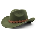 Détail du chapeau de cowboy vert armée à bord large avec ruban en cuir tressé marron - M (56-58 cm) Réglable / Vert Militaire
