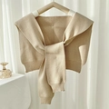 Minimalist beige knitted shawl wrap with tie design for women in cream finish - Milk Tea