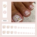 Pink French toe press-on nails with white floral patterns and green leaf accents - F054 Minimalist Spring / Glue Type