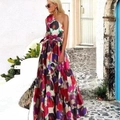 Rode bloemen maxi-jurk met één schouder, tailleband met strik en abstracte prints - S / Regenboog