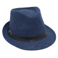 Close-up of blue straw fedora hat featuring cross-weave texture and black leather strap - Navy Blue