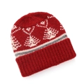 Détail du bonnet rouge à motif Fair Isle blanc avec textures tricotées et bord côtelé - Bonnet Rouge