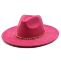Fuchsia suede wide brim fedora hat with gold metal chain decoration for men and women - Rose Red (Suede)