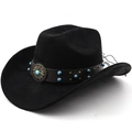 Détail du chapeau de cowboy avec bande en cuir et boucle ornée d'une pierre turquoise - M (56-58cm) / Noir