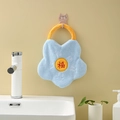 Blue flower-shaped coral fleece hand towel with festive Fu character and cat hook - Sky Blue - Blessing Embroidery