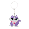 Detailed view of a cute white cartoon cat keychain with purple and pink PVC soft rubber - Cat Keychain