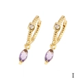 Detail of 18K gold earrings featuring a square clear zircon and purple marquise stone - Purple Marquise (ER1139)