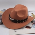 Western style camel felt fedora hat with black leather band and silver bull head detail - Riveted Bull Head / Caramel