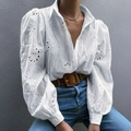 Women's white hollow embroidered blouse with stylish puff sleeves and elegant V-neck design - 2XL / White