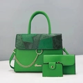 Three-piece set of bright green leather handbags with textured finish and golden chain details - Green