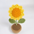 Handmade crochet sunflower potted plant in yellow and orange yarn with green leaves - Dark Sunflower Potted Plant No. 39 Finished