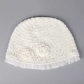 Detail of white crochet knit bucket hat with floral accents and sheer mesh trim - M (56-58cm) / White