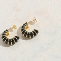 Elegant gold plated C-shaped hoop earrings with black enamel texture and grooved design - Black