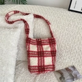 Chic red and white plaid lamb wool crossbody bucket bag with soft plush texture for winter - Lamb Fleece Large Grid Red