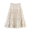 Falda midi minimalista de color crema con capas de volantes y diseño de cintura elástica - XS / Albaricoque