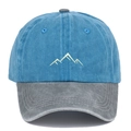 Close-up of mountain embroidery on a blue and grey washed cotton baseball cap - Adjustable / Blue and Grey