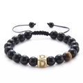 Detail of tiger eye and black onyx beaded bracelet with micro-pave zircon letter D bead - Letter D-Black Agate Bracelet