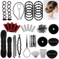 Professional black hair styling tool set with bun makers and pins on white background - 53-Piece Set